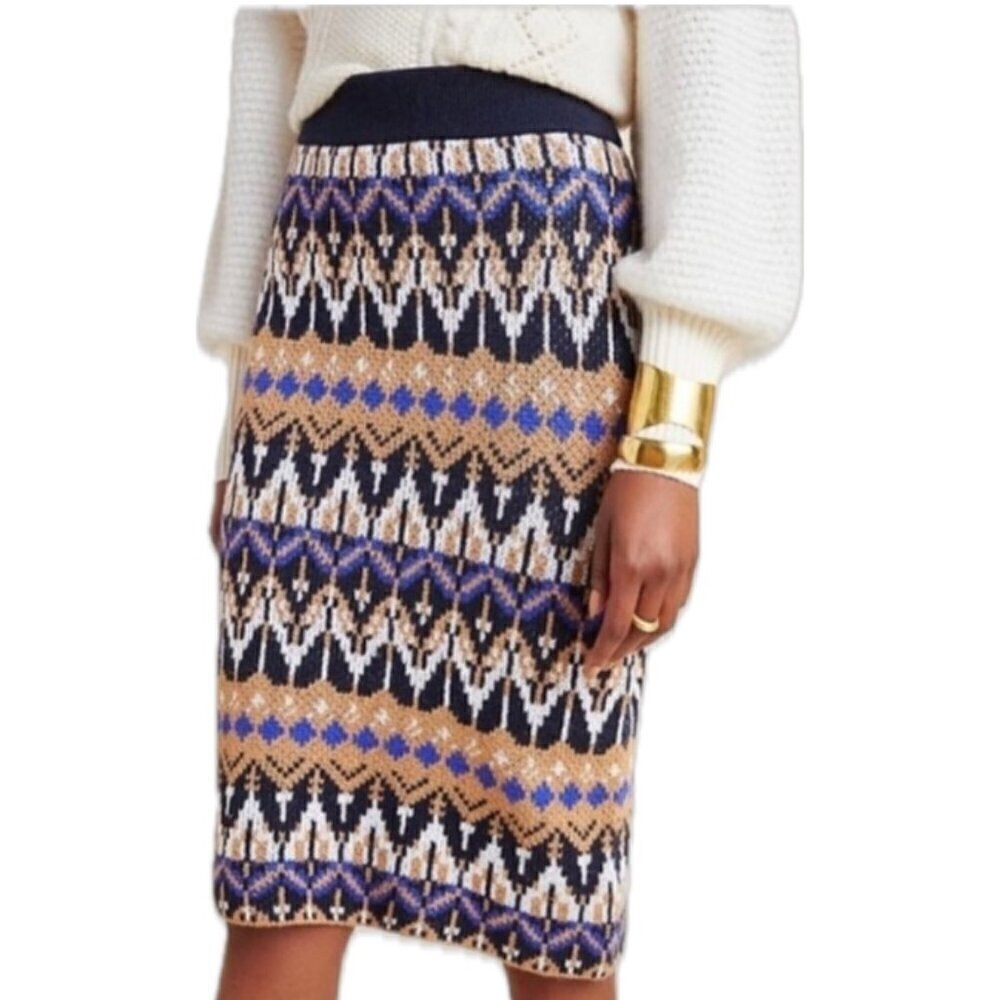 Anthropologie Saoirse Knit Sweater Midi Skirt Fair Isle Blue Tan XS New